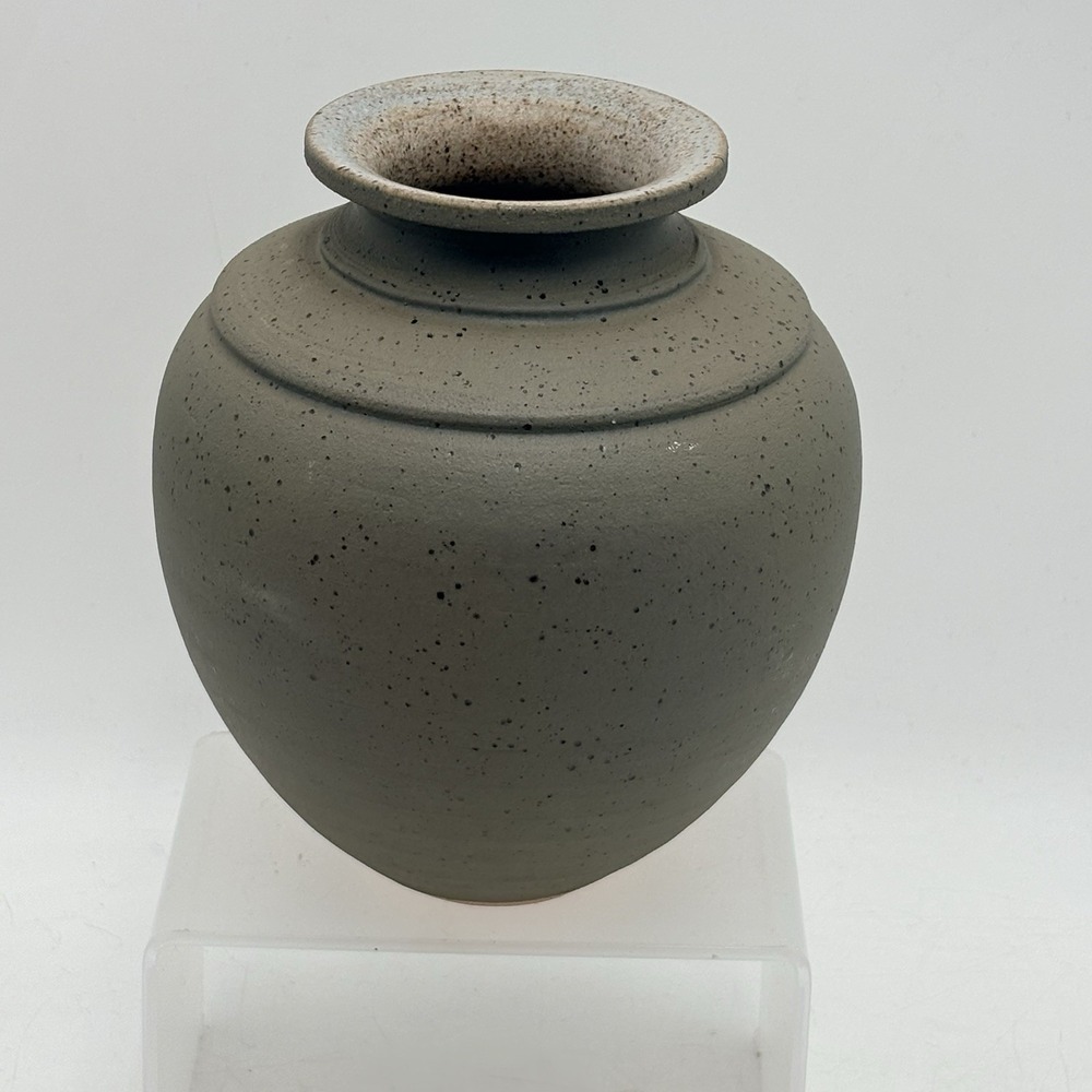 Studio Pottery Vase Signed Matte Speckled Stoneware Gray Vessel Minimalist